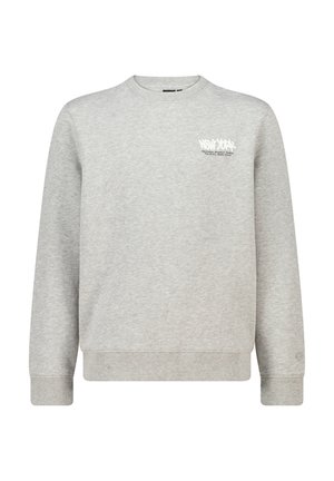 Lichtgrijze sweatshirt van katoenmixmateriaal. Heeft een ronde halslijn, ribgebreide manchetten, een ribgebreide zoom en witte bedrukte tekst op de borst.