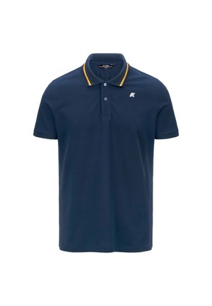 Polo blu navy a maniche corte con due bottoni, bordo del colletto a righe multicolore e piccolo logo bianco sul petto.