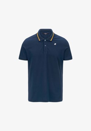 Polo blu navy a maniche corte con due bottoni, bordo del colletto a righe multicolore e piccolo logo bianco sul petto.
