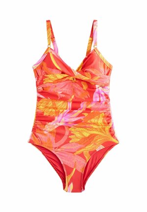 One-piece swimsuit with adjustable straps, featuring a red base and orange, pink, and yellow tropical leaf patterns.
