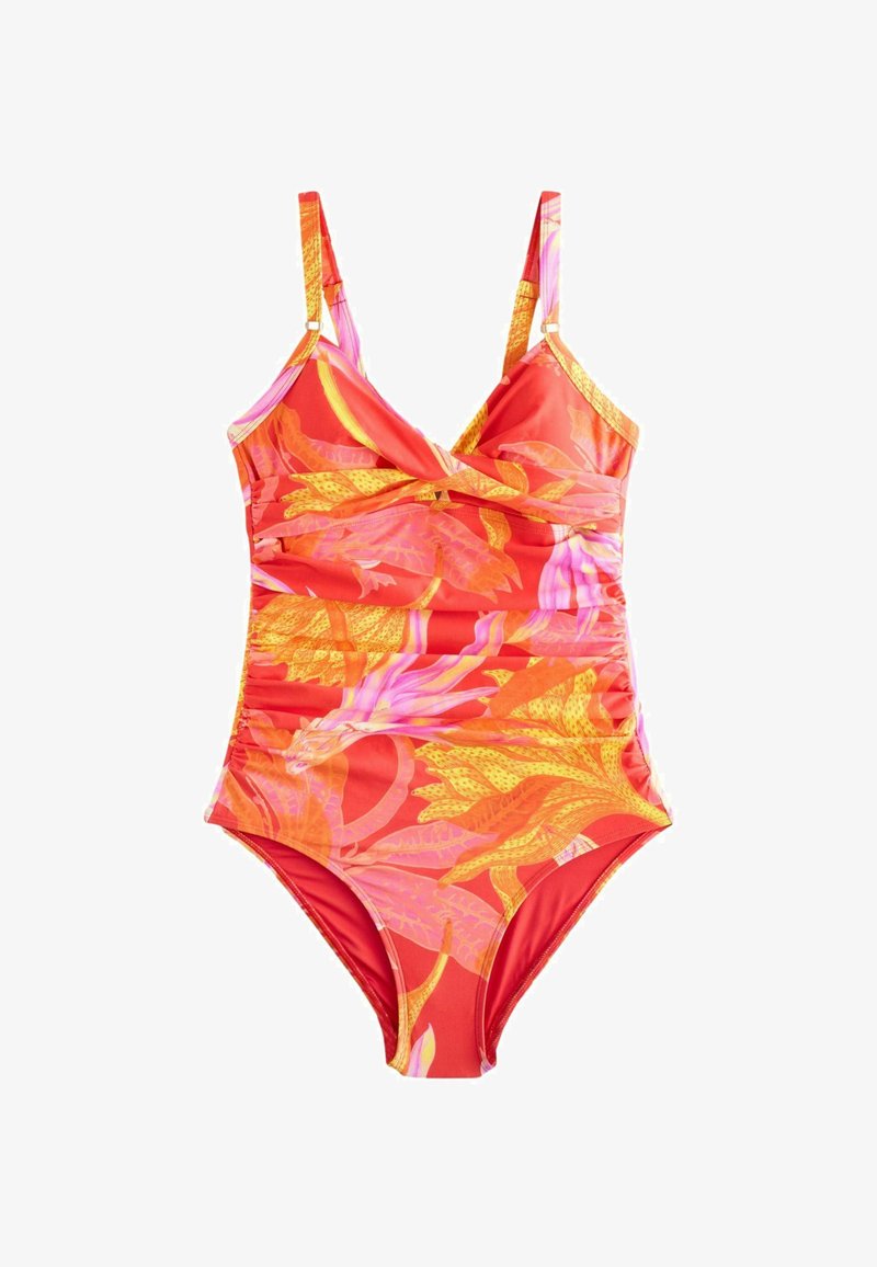 Costume intero con spalline regolabili, caratterizzato da una base rossa con motivi di foglie tropicali arancioni, rosa e gialle.