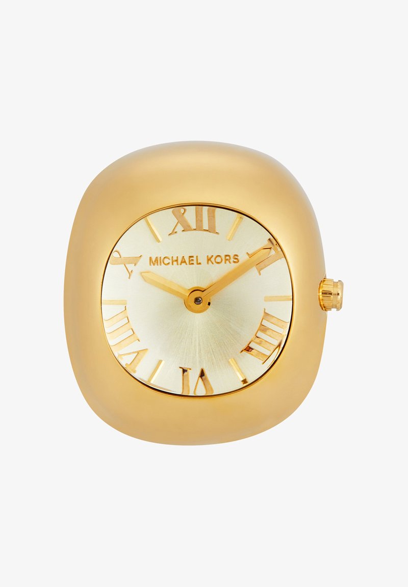 Quadrante dell'orologio Michael Kors color oro con numeri romani e due lancette che indicano le 10:10, inserito in una cassa quadrata arrotondata color oro.