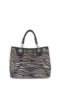 Borsa a tracolla con motivo zebra, realizzata in tessuto morbido, con dettagli in pelle nera, accessori dorati e doppi manici superiori. Forma rettangolare.