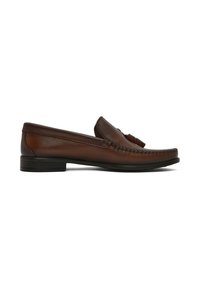 Brown leather tassel loafer with black sole and detailed stitching along the sides, viewed from the outer side.