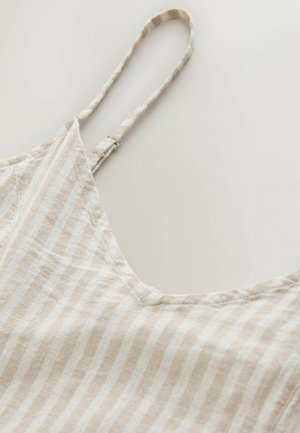 Beige-weiß gestreiftes Camisole-Top mit dünnen Trägern aus leichtem Stoff. Verfügt über einen tiefen Ausschnitt und eine weiche Textur.