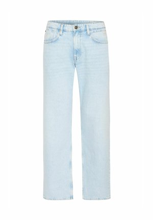 Light blue denim jeans feature a straight-leg design with a classic button closure, five pockets, and subtle fading for texture.