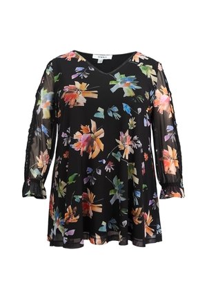 Schwarze V-Ausschnitt-Bluse mit langen Ärmeln, transparenten Ärmeln mit Blumenmuster und bunten abstrakten Blumen am Körper.