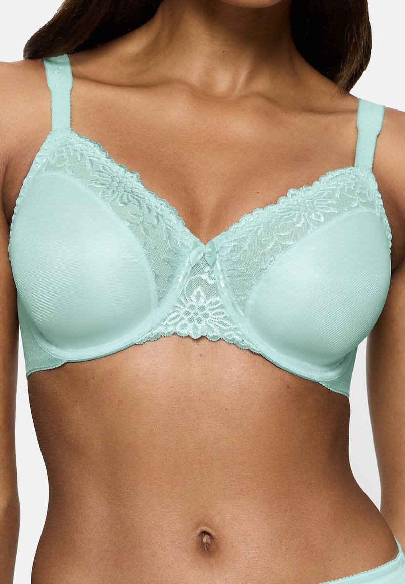 Licht mintgroene bh met bloemens kant aan de bovenkant, gladde cups, verstelbare banden en een klein strikaccent in het midden voor.