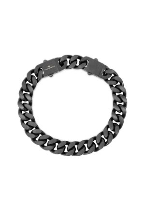 Zwarte metalen kettingarmband met grote, vergrendelbare schakels en een veilige sluiting, met een gladde textuur en gepolijste afwerking.