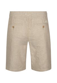 Pantaloncini in lino beige con una consistenza morbida, vita elastica e due tasche posteriori con bottoni. Design semplice senza motivi aggiuntivi.