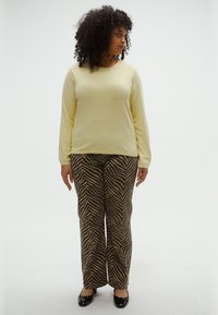 Rumena majica z dolgimi rokavi, združena z rjavimi in črnimi hlačami z zebra vzorcem, ki imajo sproščen kroj. Črni čevlji dopolnjujejo obleko.