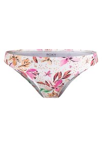 Blommig bikiniunderdel med vit bas, rosa och orange blommor samt en logotag. Tillverkad av ett mjukt och stretchigt material med medelhög midja.