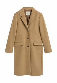Camel-colored wool coat with a notched collar, single-breasted design, three buttons, and two side pockets. Smooth texture, tailored fit.