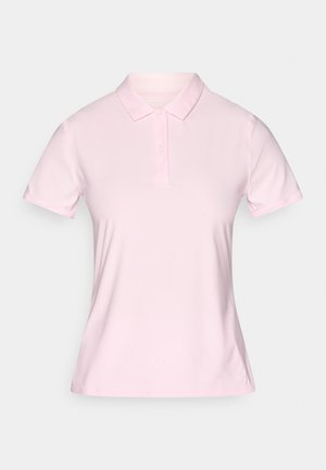Polo rose clair en tissu lisse, doté d'un col classique, de manches courtes et d'une patte de boutonnage avec trois boutons à l'avant.