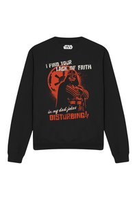 Black sweatshirt featuring a graphic of Darth Vader with red and white text: "I find your lack of faith disturbing!" in a bold font.