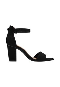 Black suede high-heeled sandal with a wide strap over the toe, an open back, and an ankle strap. Features a block heel for stability.