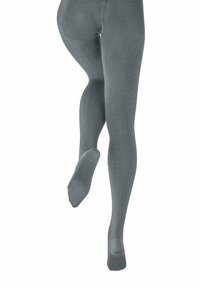 Szare dzianinowe rajstopy z teksturowanym wzorem kabli, gładkim wykończeniem i wzmocnionym palcem, zaprojektowane, aby ściśle przylegały do nóg.