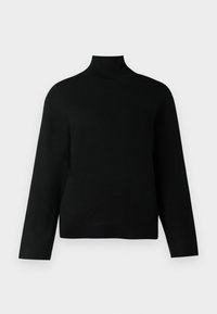 Suéter de cuello alto negro hecho de un tejido de punto suave y liso. Presenta mangas largas y anchas y un cuello ajustado sin herrajes visibles ni patrones.