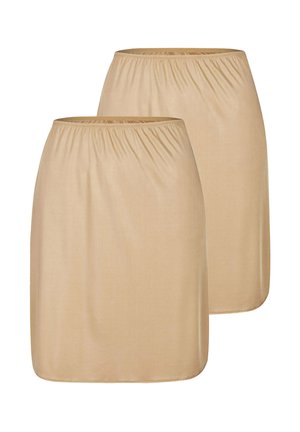 Zwei beige knielange Halbschürzen mit elastischem Bund, auf weißem Hintergrund dargestellt.