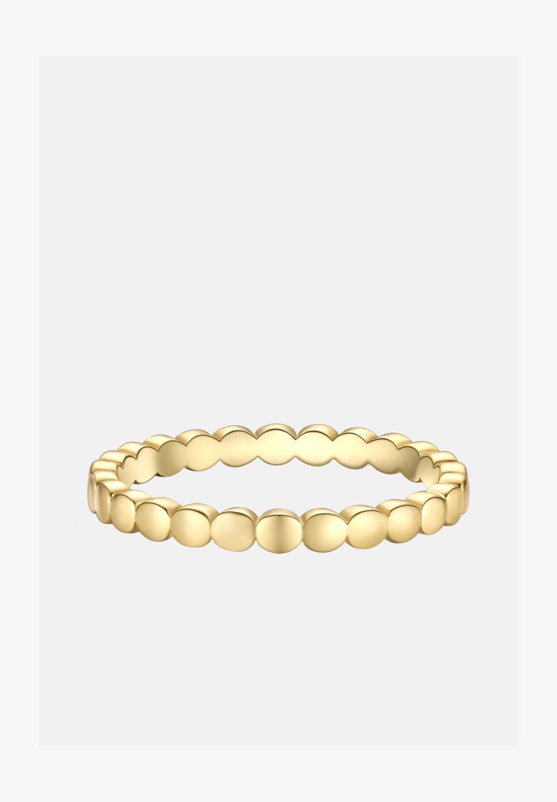 Arany gyűrű, gyöngyös mintával, lekerekített, sima elemekkel. Egységes forma és sima textúra jellemzi.