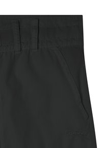 Pantalones negros de tela suave con una cintura plana, dos bolsillos laterales y un logo bordado en la parte inferior de la pierna.