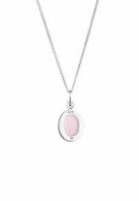 Halskette aus Sterlingsilber mit einem ovalen Anhänger, der mit einem durchsichtigen rosa Stein verziert ist. Die Kette hat eine glatte Textur und einen subtilen Glanz.