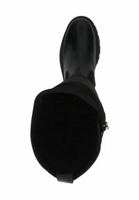 Bota negra impermeable hecha de goma con un exterior liso, punta redonda y suela texturizada. Presenta una cremallera y un forro interior suave.