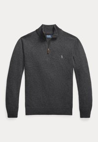 Mørkegrå langærmet sweater med kvart lynlås og krave, med lille broderet logo på venstre bryst.