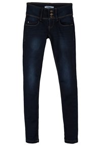 Jeans bleu foncé slim avec fermeture à trois boutons, poches avant et arrière, et détail de couture contrastante.