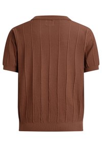 Braunes gestricktes Poloshirt mit kurzen Ärmeln, strukturierten vertikalen Streifen und einem Kragen. Verfügt über einen gerippten Saum und gerippte Ärmelbündchen.
