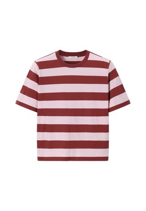 T-shirt manches courtes avec de larges rayures horizontales alternant rouge foncé et rose clair.