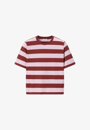 T-shirt manches courtes avec de larges rayures horizontales alternant rouge foncé et rose clair.