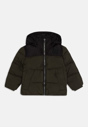 Giacca a vento imbottita con corpo verde scuro e cappuccio nero, chiusura con zip, due tasche frontali e texture trapuntata per l'isolamento.