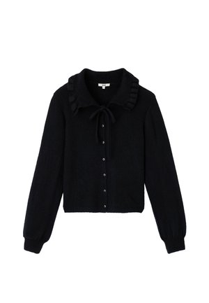 Cardigan noir à manches longues avec boutons sur le devant, col à volants et un lien au niveau du cou, fabriqué en tissu maille doux.