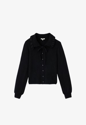 Cardigan noir à manches longues avec boutons sur le devant, col à volants et un lien au niveau du cou, fabriqué en tissu maille doux.
