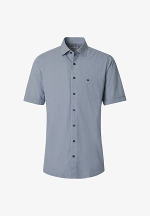 Kurzärmliges Hemd mit durchgehender Knopfleiste und kleinem kariertem Muster in Blau und Weiß, mit Kragen und einer Brusttasche mit Logo.