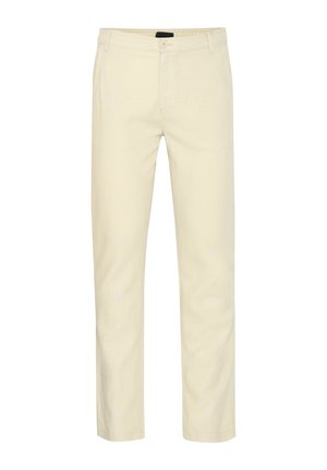 Beige katoenen broek met een rechte pijp, voorzien van een knoop- en ritssluiting, en standaard zakken aan de voor- en achterkant.