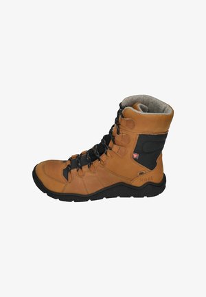 Brown leather hiking boot with black fabric accents, textured rubber sole, black laces, and a soft grey lining at the collar.