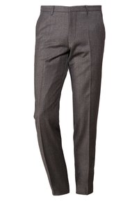 Pantaloni eleganti grigi da uomo su misura con passanti per cintura e vestibilità slim dritta, mostrati su uno sfondo bianco.