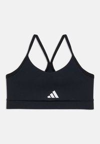 Mustakateleline spordibrasi sile kanga tekstuuriga. Omab võistlusselja rihmasid ja valget logo ees. Minimalistlik disain.