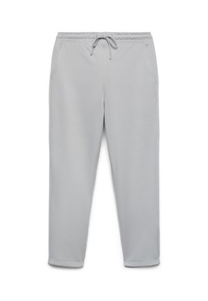 Pantaloni casual grigio chiaro con vita elasticizzata, coulisse, tasche laterali e polsini risvoltati.