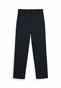 Mustat mittatilaustyönä tehdyt housut, joissa on vyölenkit, nappikiinnitys edessä ja sivutaskut, aseteltuna tasaisesti valkoista taustaa vasten.