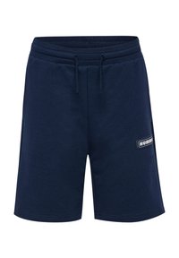 Mörkblå bomullsshorts med dragsko i midjan, sidofickor och ett logomärke på nedre högra sidan. Slät textur.