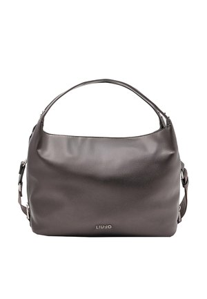 Borsa a mano in pelle grigio scuro con una sola tracolla e dettagli con cerniera argentata, con un piccolo logo "LIU JO" sul davanti.