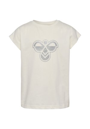 Roomkleurig katoenen t-shirt met korte mouwen. Heeft een zilveren glitterafbeelding van een gestileerde bij aan de voorkant.