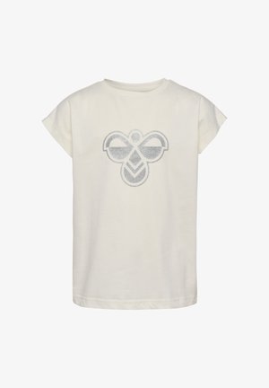Baumwoll-T-Shirt in Cremeton mit kurzen Ärmeln. Auf der Vorderseite befindet sich eine silberne Glitzer-Grafik einer stilisierten Biene.