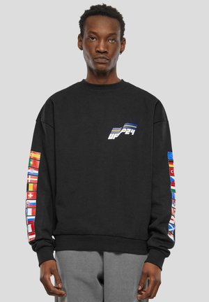 Black sweatshirt with crew neck, features colorful country flags along both sleeves and a white graphic text "UP24" on the front.
