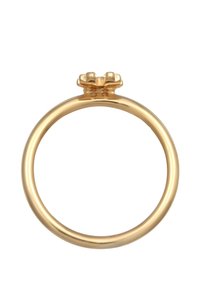 Guldring med en slät, cirkulär band och en blomsterdesign i toppen; polerad finish, enkel men elegant form.