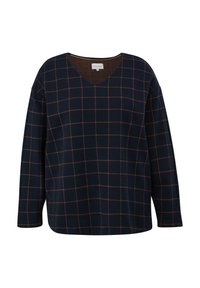 Maglione blu navy con scollo a V, caratterizzato da un motivo a griglia marrone. Vestibilità ampia, maniche lunghe e tessuto morbido.