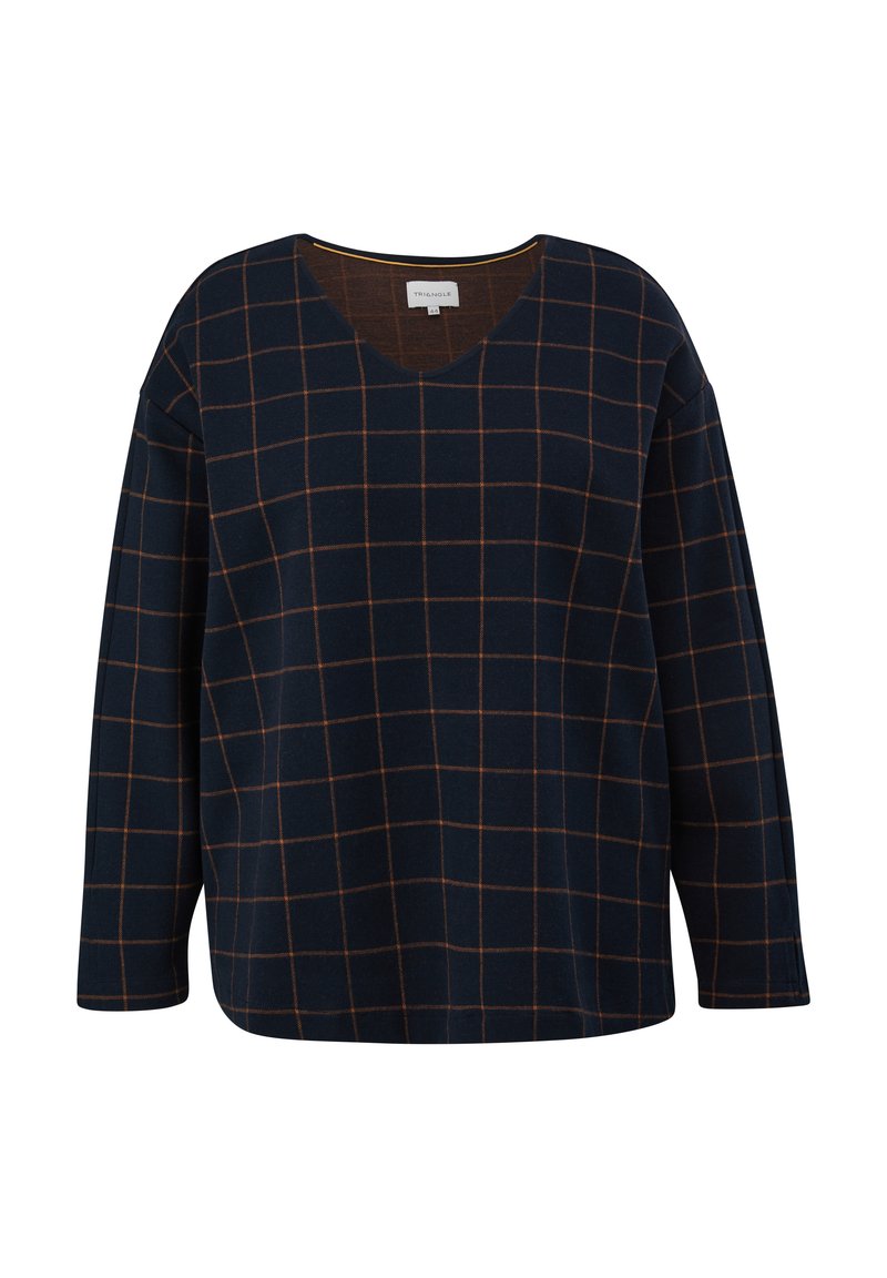 Maglione blu navy con scollo a V, caratterizzato da un motivo a griglia marrone. Vestibilità ampia, maniche lunghe e tessuto morbido.